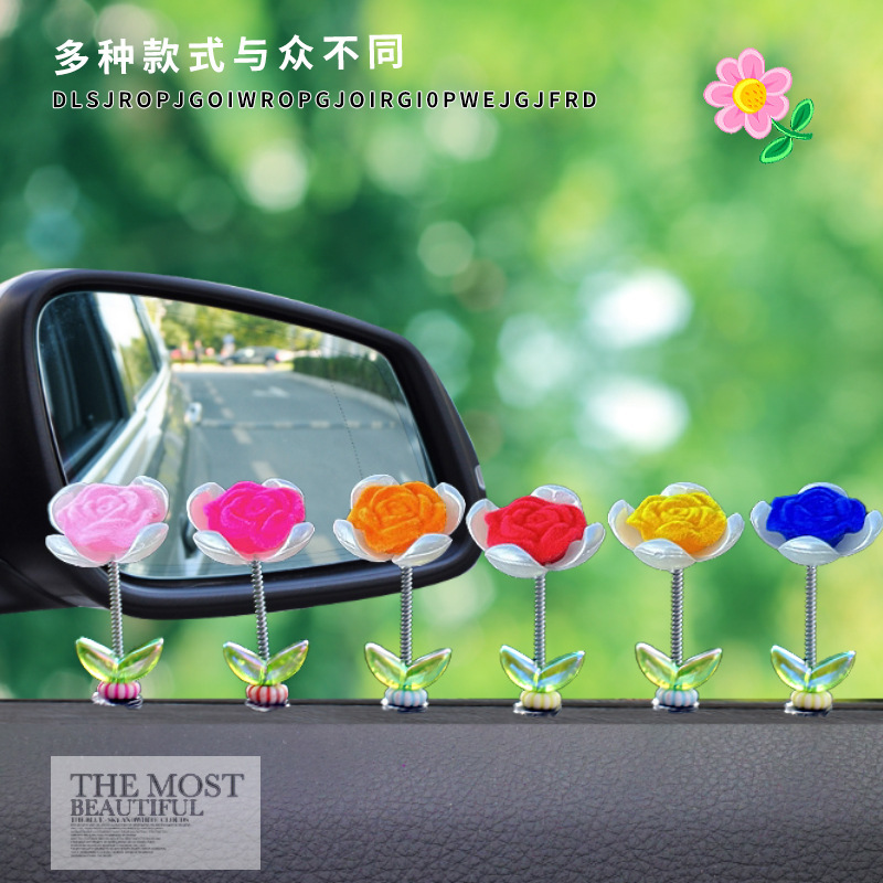 Tendencia nuevo producto flocado rosa coche sacudiendo la cabeza pequeños adornos decoración de primavera tablero accesorios de coche ventana
