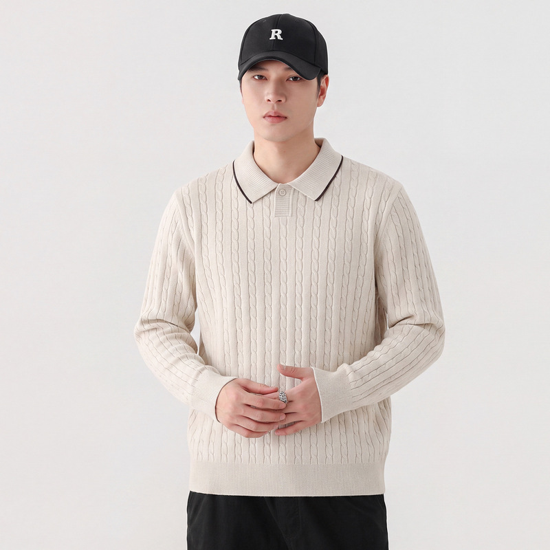 Collared long-sleeve knit sweater for men, textured casual pullover, vintage solid color trendy sweater Collared long-sleeve knit sweater for men, textured casual pullover, vintage solid color trendy sweater