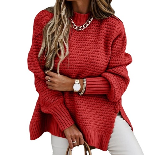 Women's Loose Plain Color Crewneck Knit Sweater with Side Slits, New Autumn/Winter 2026