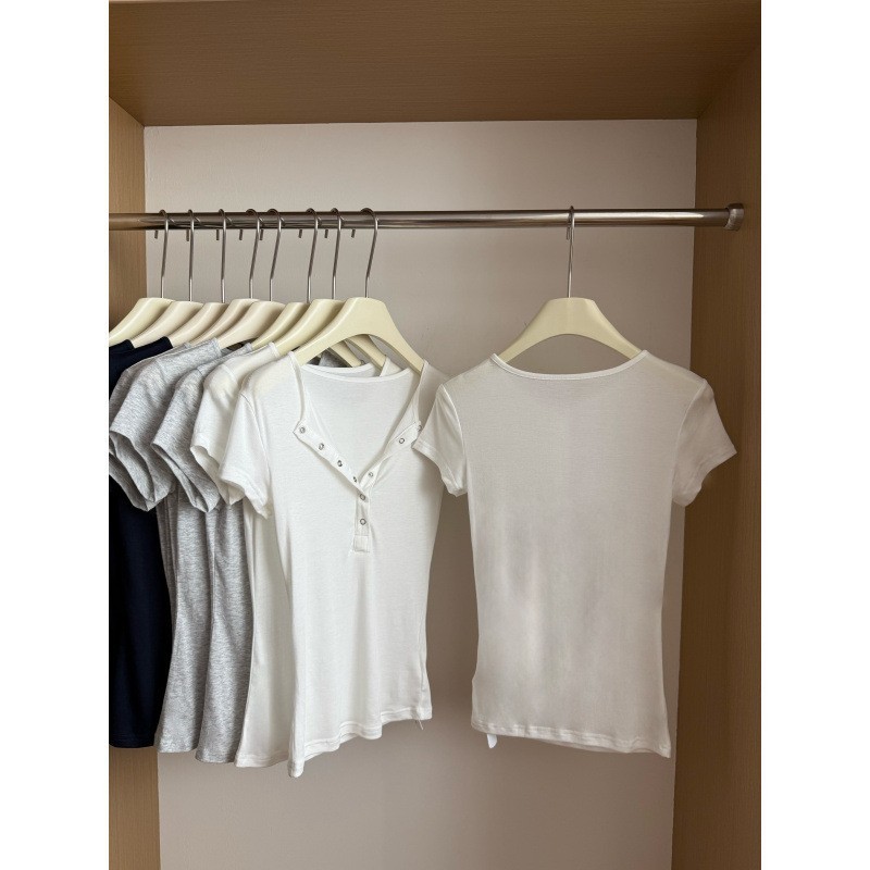 テンセル無地ヘンリーネックボタンデザインTシャツレディース夏ウエスト気質右肩半袖トップ|undefined