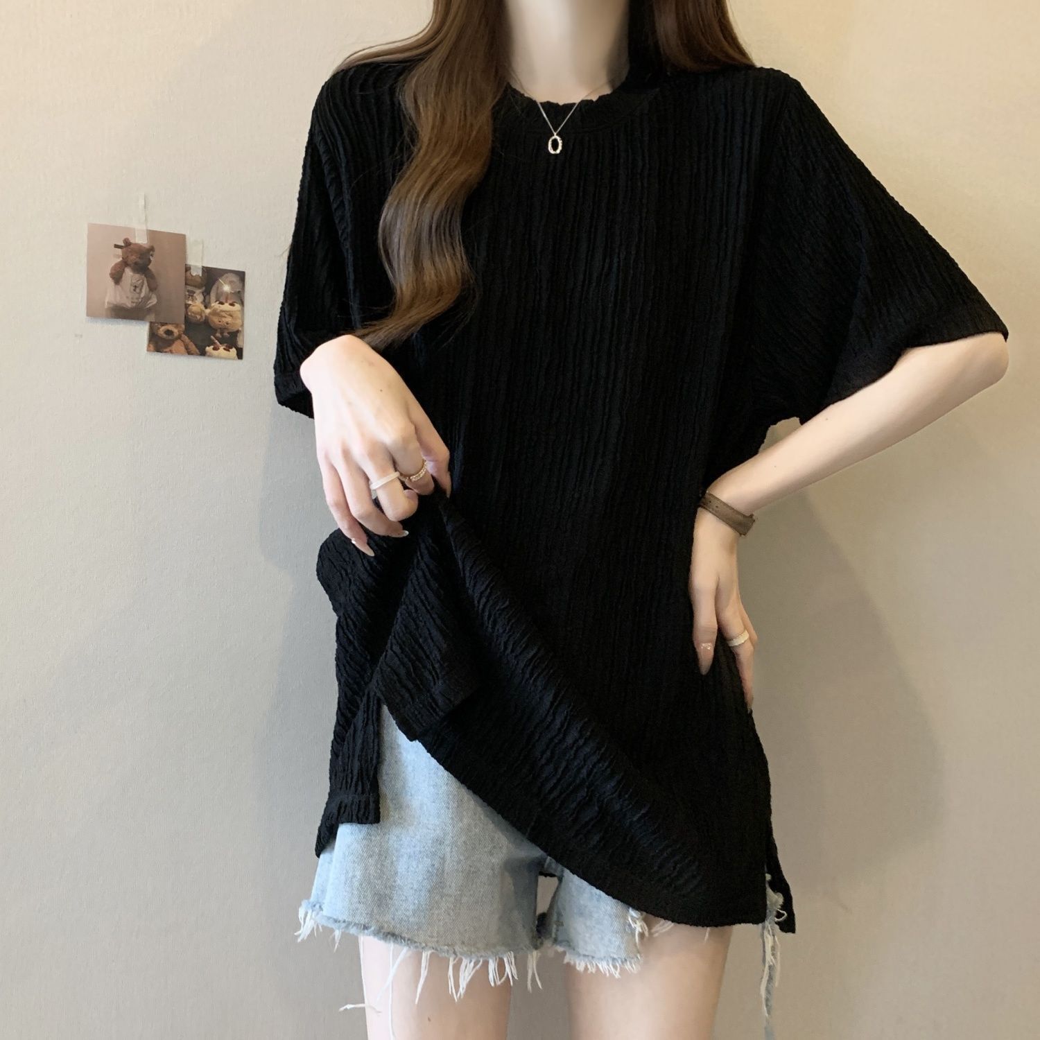 Plus-Size Women's Textured Slit-Front Short-Sleeve T-Shirt, Women's 2026 Summer New Loose Slimming Slit-Front Top