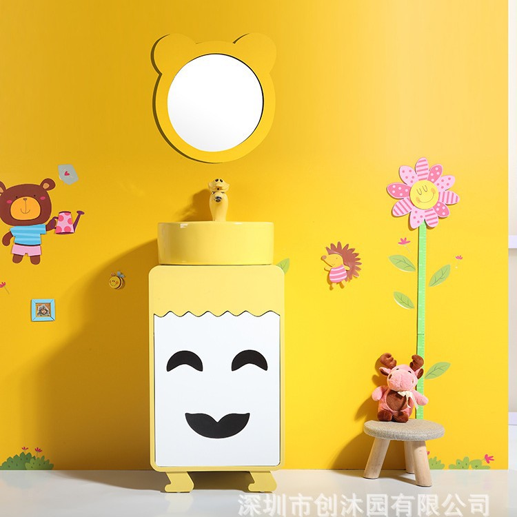 Kindergarten niños lavabo gabinete combinación doble lavabo cerámica dibujos animados lindo color baño lavabo mesa de lavado