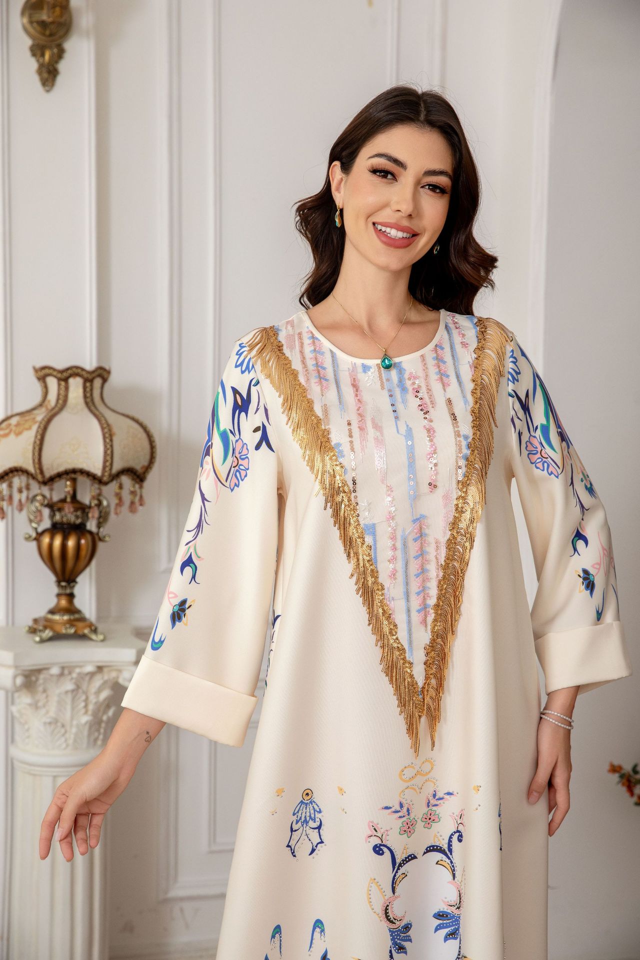 SW0811 Middle East Muslim Women's Long Robe European And American Cross-Border Printed Evening Abaya Dress_ecoleips.com