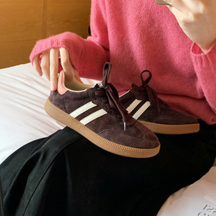 All-leather classic color matching German training shoes women's matte leather comfortable round toe platform sneakers casual all-match flat shoes women