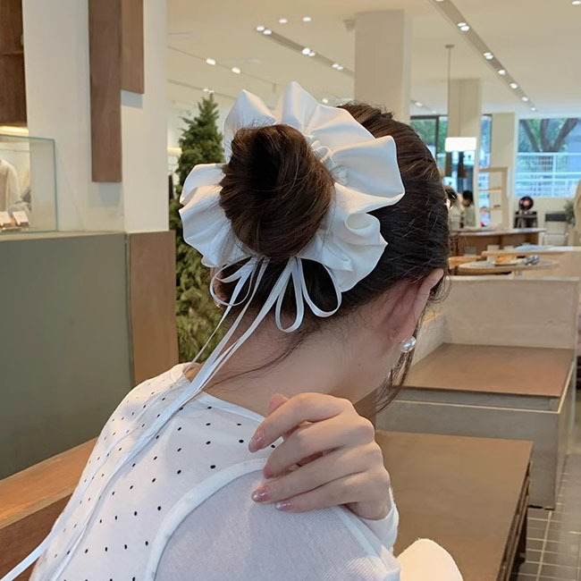 Nœud papillon crème style ballerine française, chouchou haut de gamme pour queue de cheval, accessoire de cheveux élastique simple et élégant_voghion.com