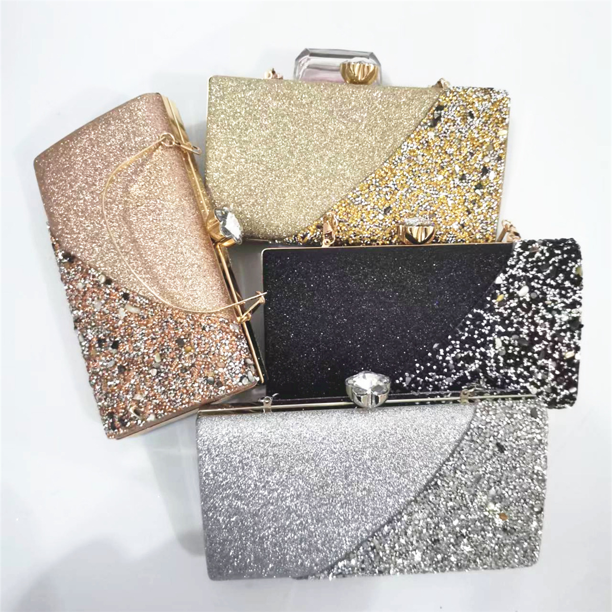 Simple and elegant shiny Grete fabric diamond-encrusted hand-held square-shaped dinner bag that can be carried diagonally across the hand