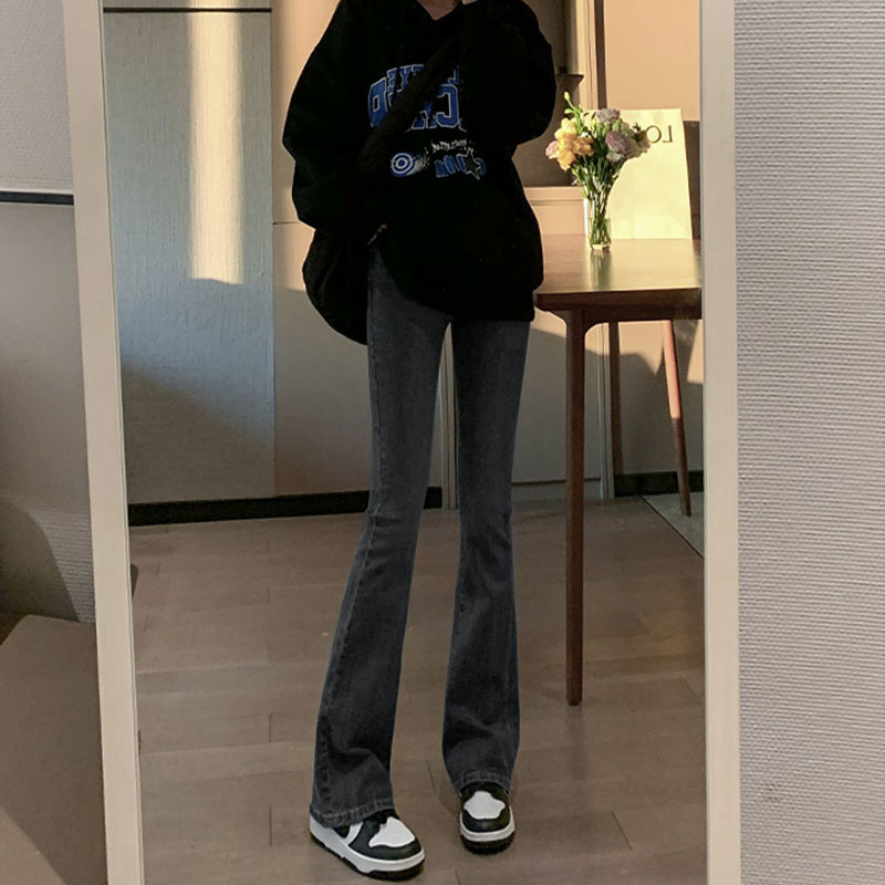 스파이스 걸스 WEILA 청바지 여성 겨울 높은 허리 탄성 슬림 작은 스트레이트 트럼펫 바지 2022 새로운