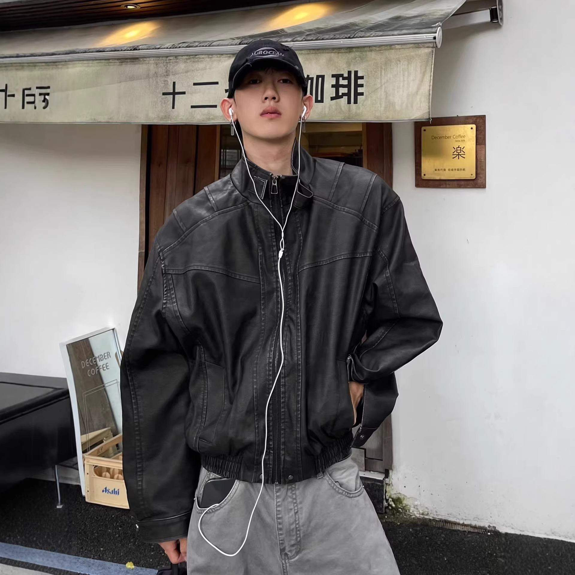 美式复古机车皮衣男宽松立领短宽黑色百搭活页解构痞帅PU皮外套