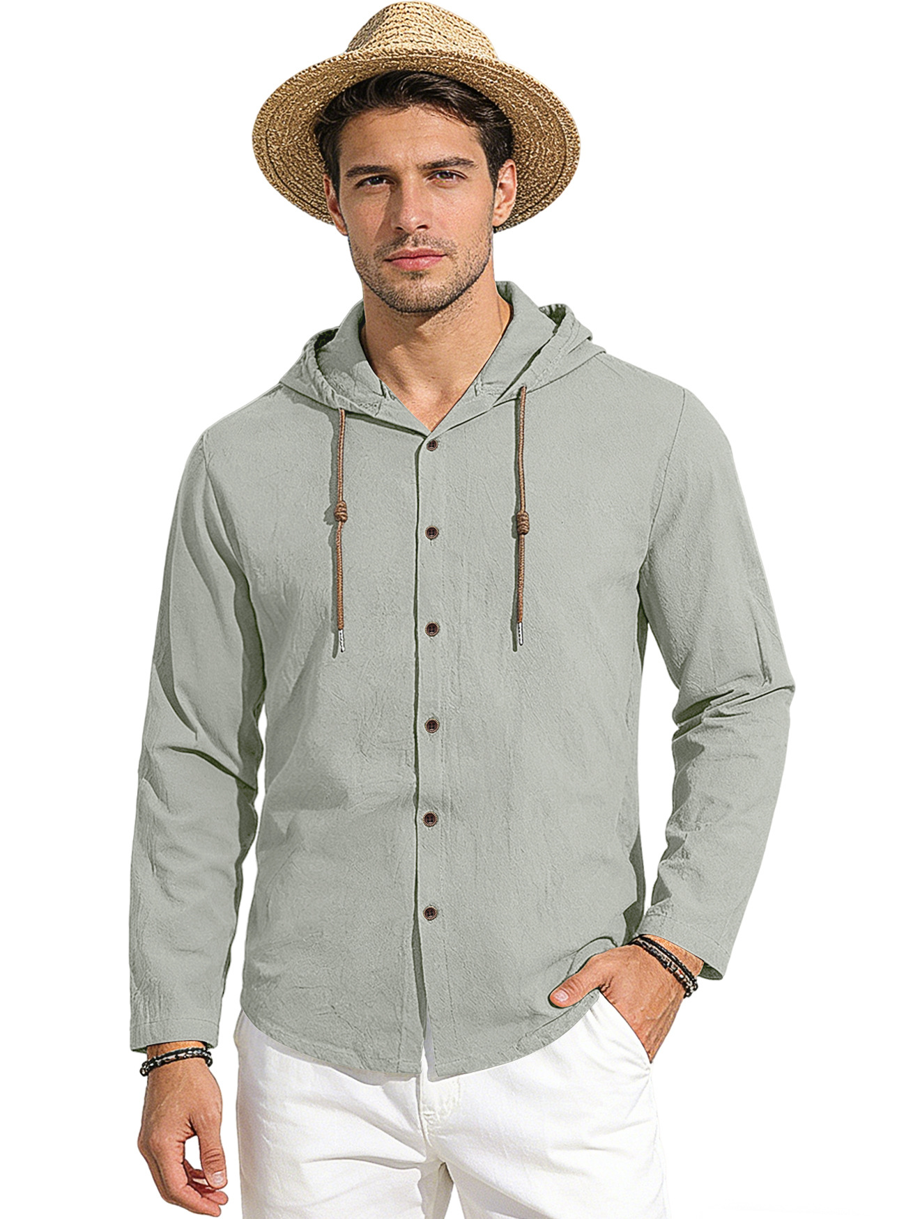 Transfronterizo Amazon nuevo estilo de primavera y verano hombre encapuchado camiseta suelta de algodón puro transpirable camisa casual de manga larga