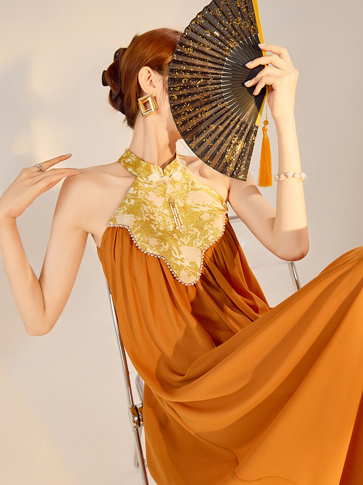 Váy dài cổ qipao thiết kế sang trọng mùa xuân hè — Màu cam, Màu mơ