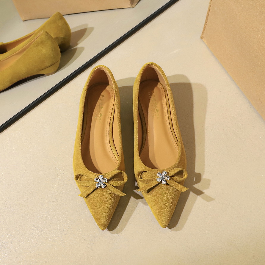 632-H115 Korean version fashionable bow, rhinestone, small flower tip, shallow mouth, one foot kick, high-end suede single shoe for women
