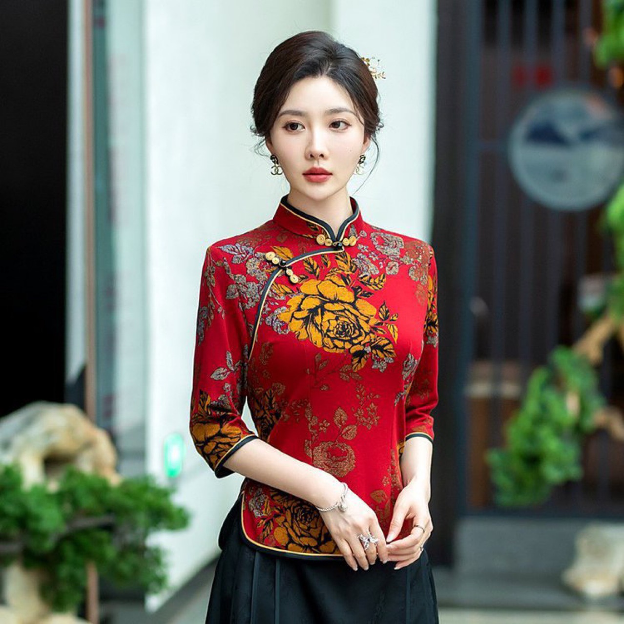 中年女妈妈夏季七分袖旗袍上衣时尚中老年秋装新中式国风唐装小衫