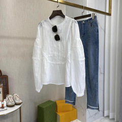 3249 # フランス宮廷風ホワイトリネンシャツ2025新作デザイン刺繍入り水溶性フリルトップス