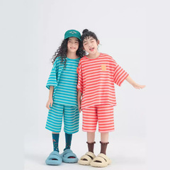 Set of 2 Summer Outfits for Girls and Boys - Korean Style Striped Colorful Short-Sleeved Shirts and Shorts