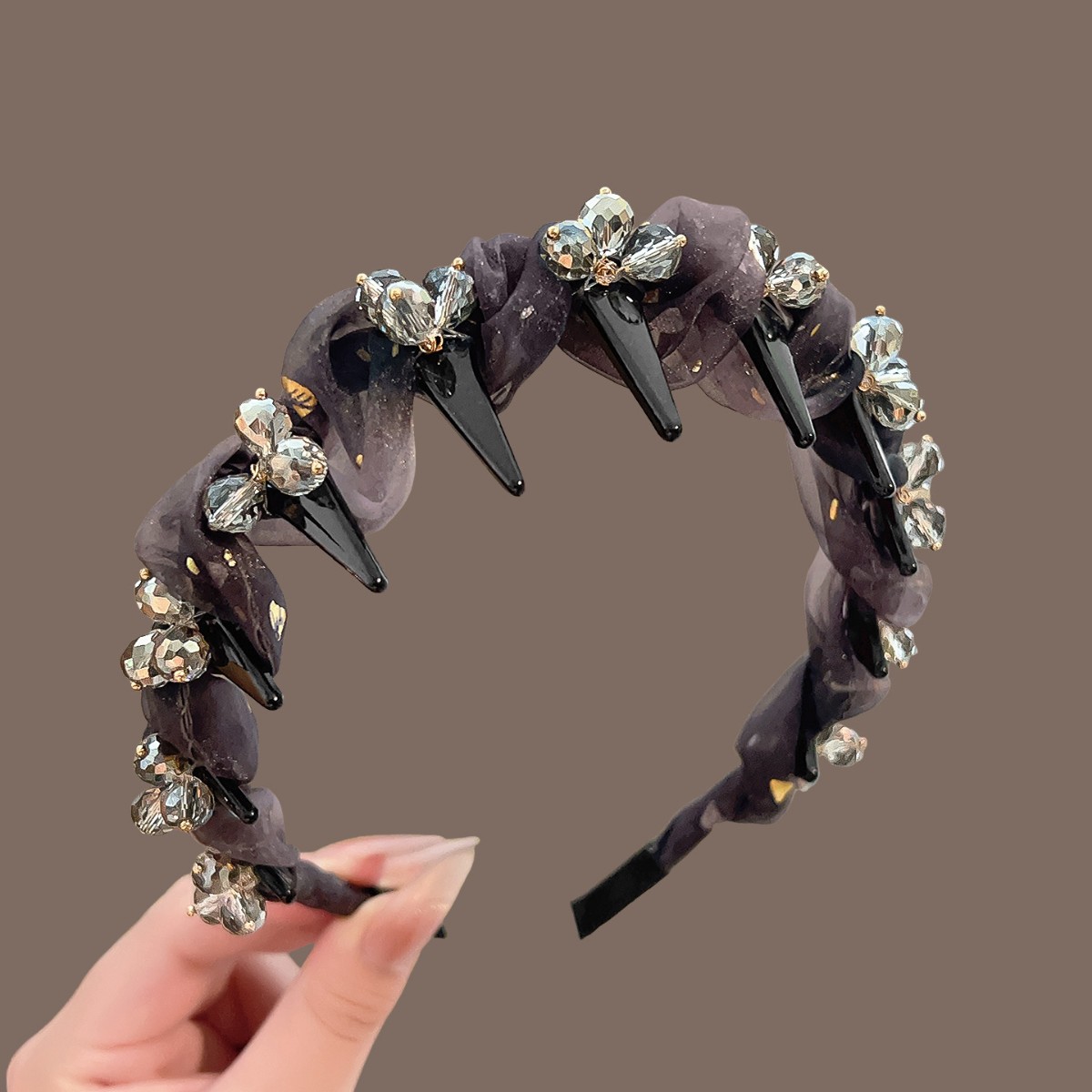 Brown hot stamping crystal flower headband