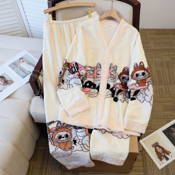 220 jin transfronterizos al por mayor tamaño M - 6XL pijamas de franela de invierno Cardigan con camisa de lana gruesa set de ropa para el hogar