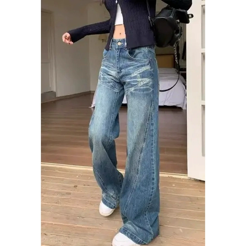 Американские уличные джинсы для женщин на осень, брюки с высокой талией, свободные, микро-расклешенные, прямые, свободные, широкие брюки в пол.