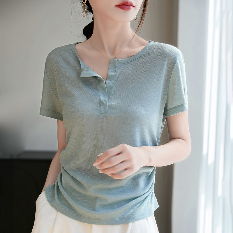 New Summer Tencel Lyocell Half Open Collar Knitwear Short-Sleeved T-Shirt Women's Thin Pure Color Pullover Top Wholesale