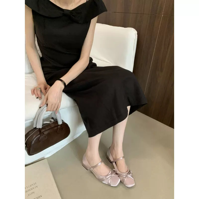 2025新款夏季粉色芭蕾风方头浅口复古平底单鞋女配裙子玛丽珍鞋子