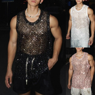 Men's Casual Hollow Sexy Vest Cross-border Men's Summer Sequin Flashing Woven Mesh Sleeveless Vest Top for Men