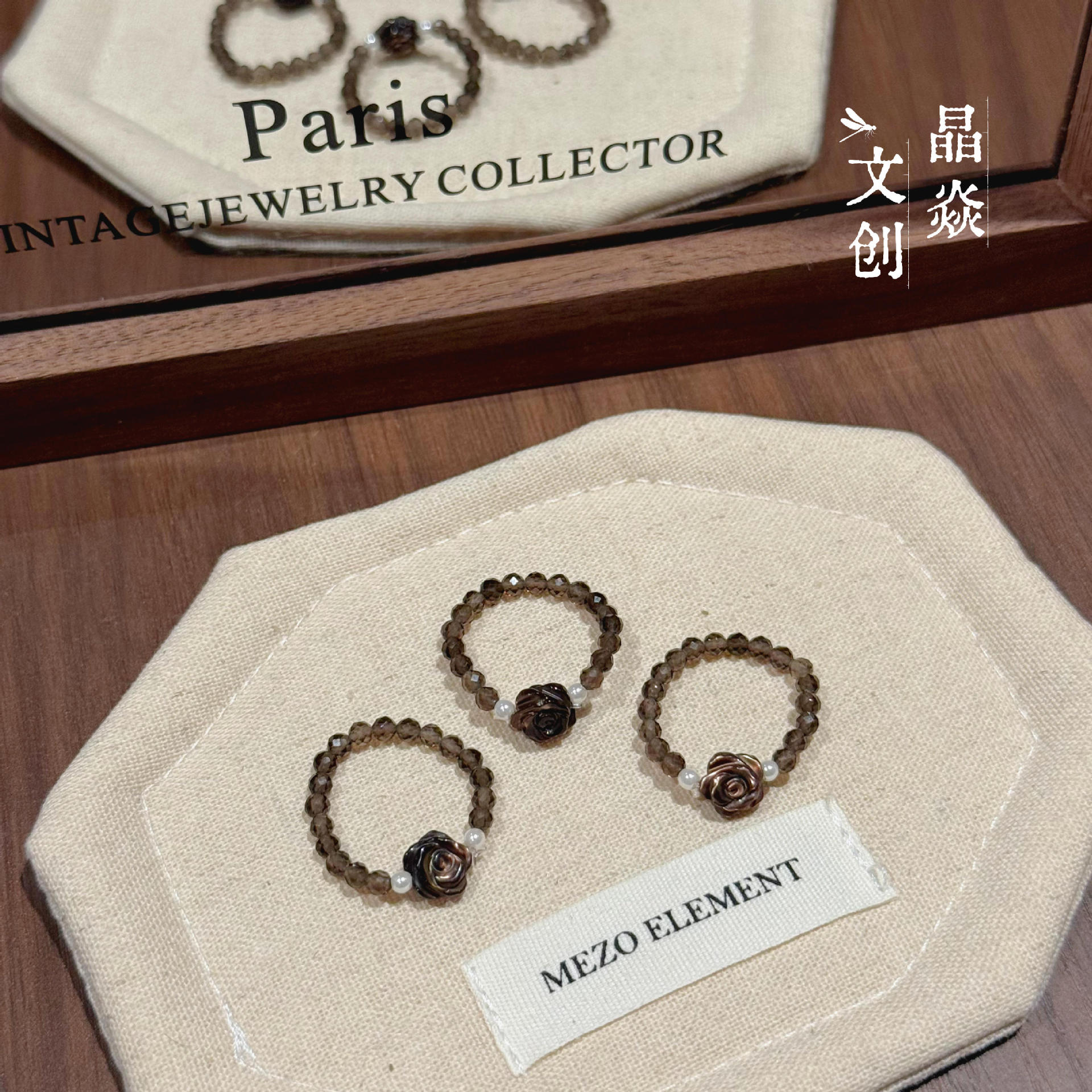 Original design natural crystal citrine rhombus cut mother-of-pearl rose flower accessory elegant versatile fashion beaded ring