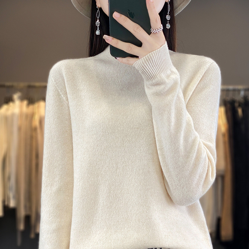 100%純毛セーター、ワンライン仕立て、シームレス、女性用ハーフタートルネック、ゆったりとしたニットセーター、シンプルな通勤スタイル