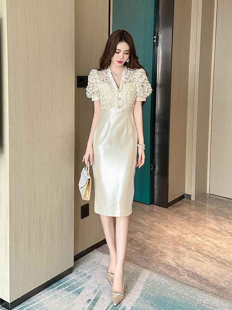 Đầm nữ thiết kế cổ chữ V tay phồng thắt eo giả hai mảnh phong cách Chanel — Màu xanh xám