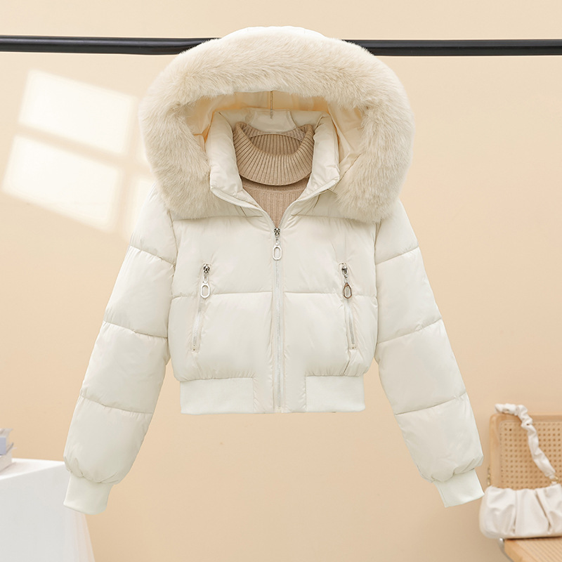 2025 invierno nuevo cuello de lana casual versátil ropa de algodón mujer con sombrero corto abrigo de algodón con sombrero nuevo abrigo