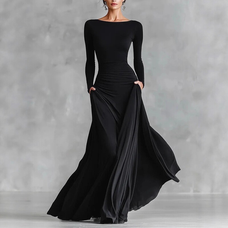 Cross-border independent website European and American 2026 Spring/Autumn Solid Color Exquisite Slim Fit Boat Neck Waist-Cinching Slimming Asymmetrical Dress for Women