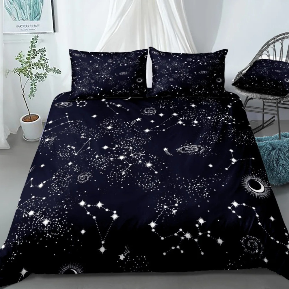 星星床上用品套装夜空羽绒被套套装深蓝色银河跨境三件套欧美外贸