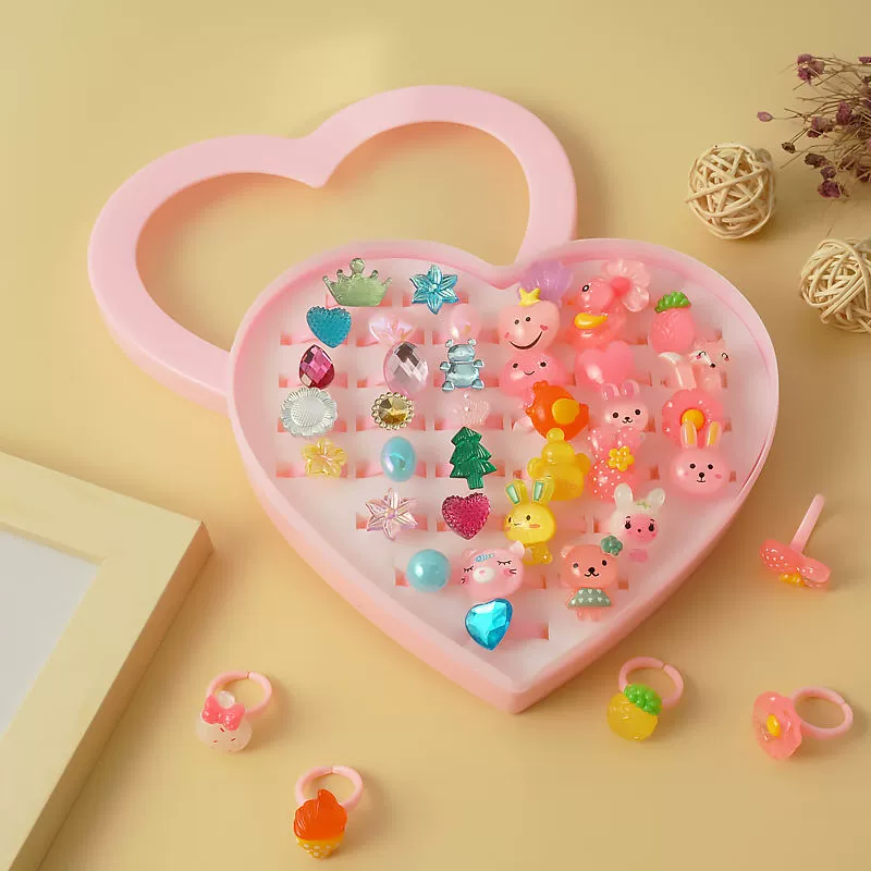 Children's Ring Set, multi-piece cartoon princess jewelry with gems, assorted boxes