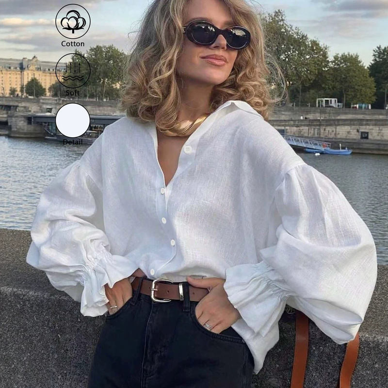 2026 New European and American Style 100% Cotton Simple Long-Sleeve Versatile Loose Button Shirt Slimming