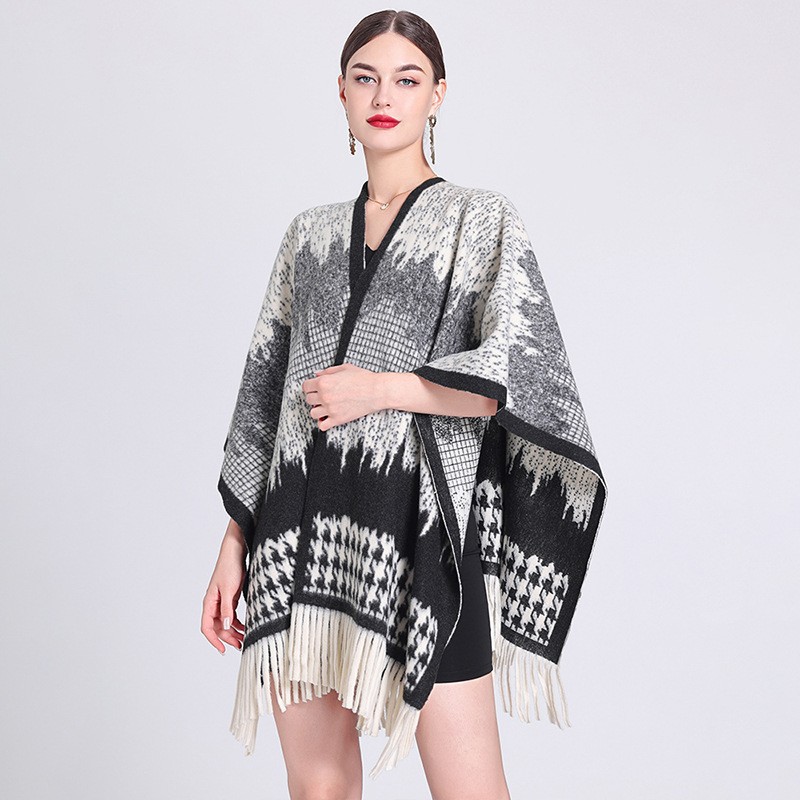 Shawl cape Lady's plaid cardigan with fringe plaid cape scarf woolen coat_voghion.com