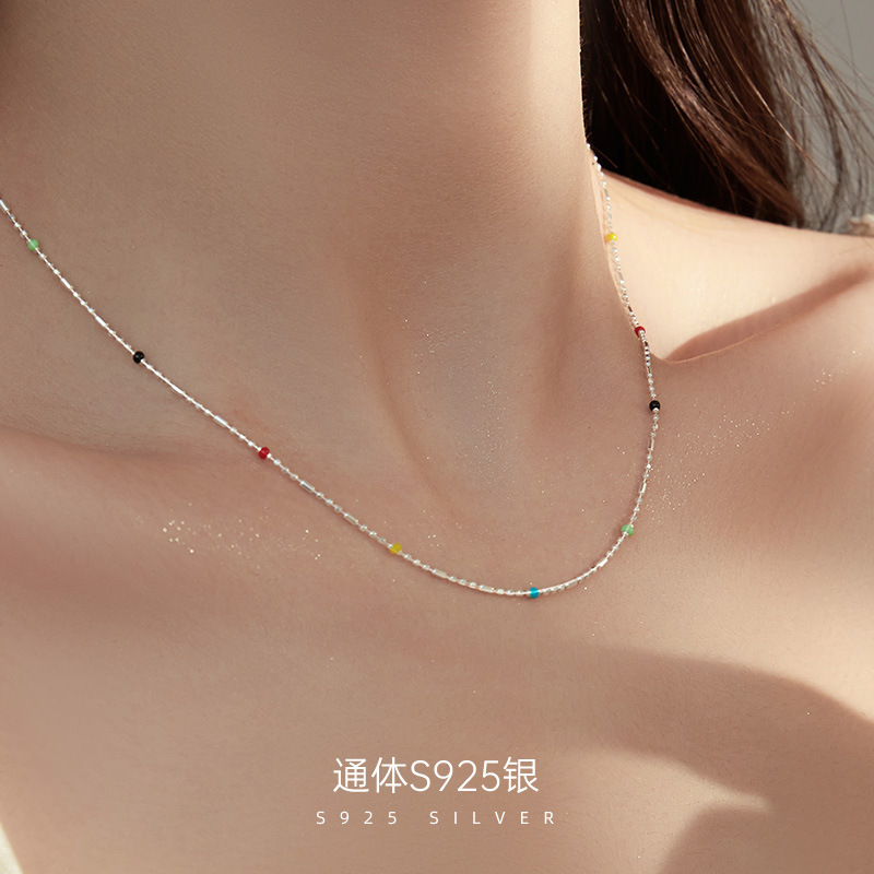 Rongshu の下 S925 シルバーインターネット有名人ドーパミンカラーネックレス女性 ins 韓国版ヨーロッパとアメリカのスタックスタイル鎖骨チェーンアクセサリー|undefined