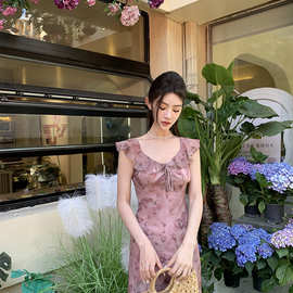 雨菲长款蝴蝶印花荷叶边显瘦连衣裙女2024夏季新款收腰气质裙子潮