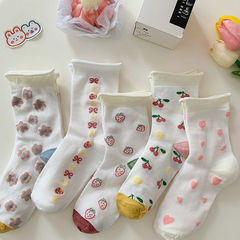 Spring-inspired, lightweight, breathable, high-elasticity glass yarn socks with rolled edges—adorable strawberry and cherry design for a sweet, preppy vibe.