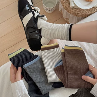 日系撞色早秋美拉德复古色条纹百搭文艺小众无骨中筒袜堆堆袜