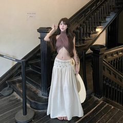 度假风重工米白色A字半身裙女夏季新款薄款裙子假日复古低腰长裙