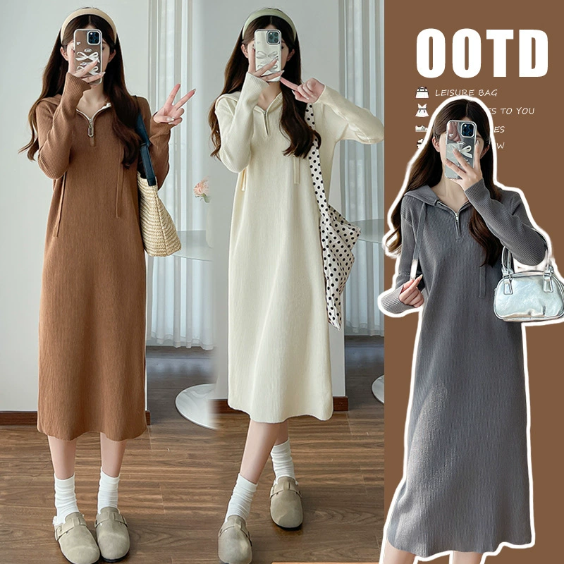 Платье для беременных осень-зима 2024 новая мода свободный большой размер вязаный свитер свитер осенний наряд