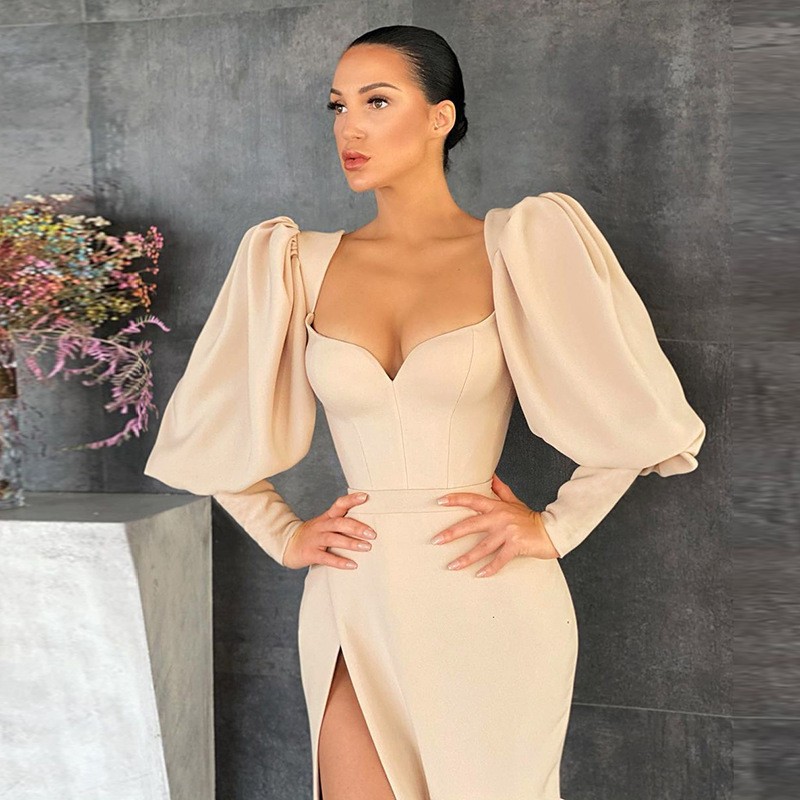 Vestido de noche sexy transfronterizo europeo y americano para mujer, con escote pronunciado en V, manga farol, diseño patchwork, abertura y ajuste ceñido al cuerpo.