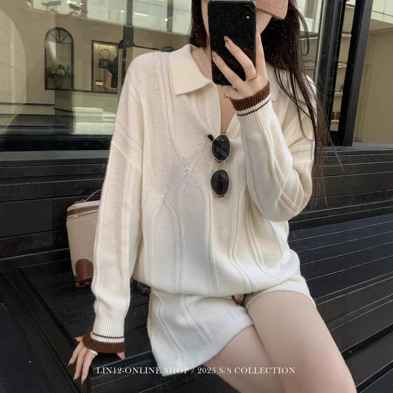 Lin12-懒人毛衣套装 polo领针织衫女v领慵懒风宽松毛衣短裤两件套|undefined