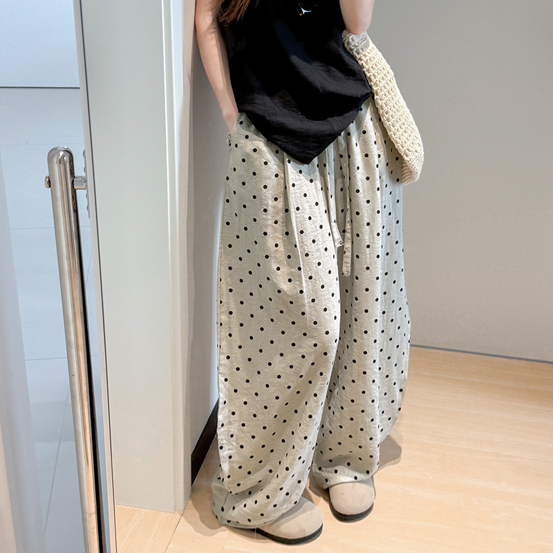 Polka Dot Linen Pants for Women, Summer Thin High-Waisted Loose Fit, Old Money Style Wide-Leg Pants, Korean Style Petite Women's Clothing