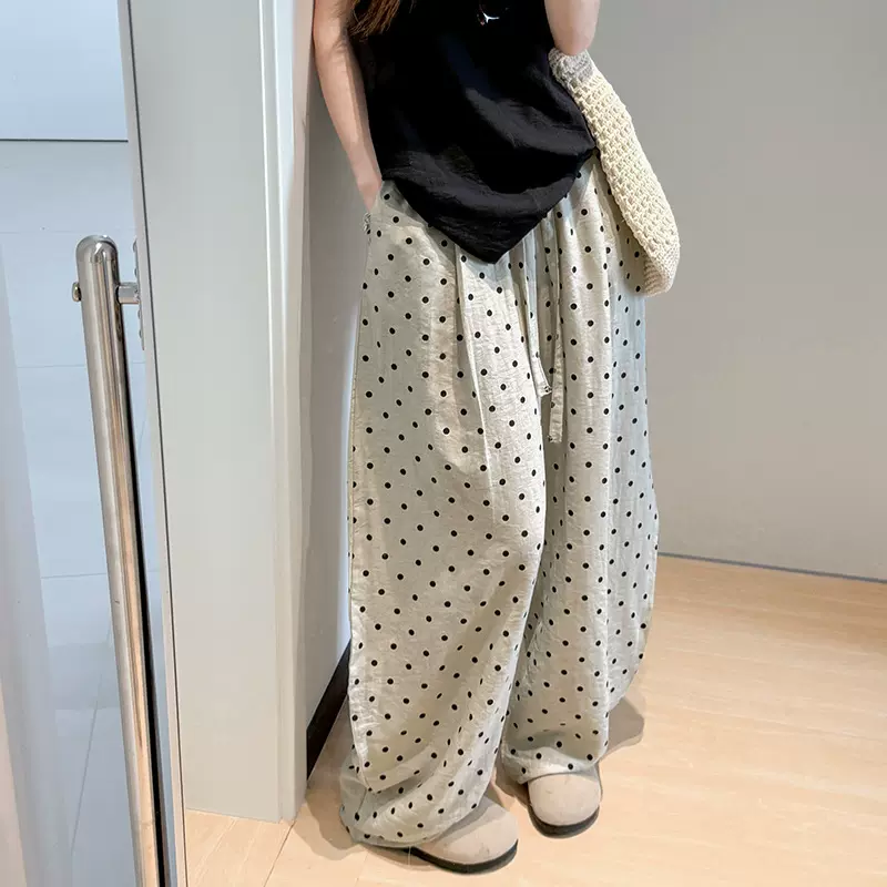 韩系波点亚麻裤子女夏季薄款高腰垂感宽松bf慵懒风白色冰丝阔腿裤