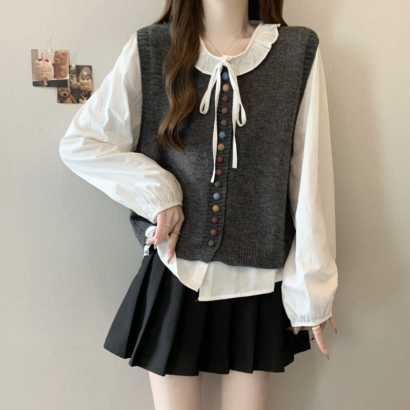 Elegant long-sleeved shirt with tie detail, red knitted vest, two-piece set for women, autumn collection, plus-size, slimming effect Elegant long-sleeved shirt with tie detail, red knitted vest, two-piece set for women, autumn collection, plus-size, slimming effect
