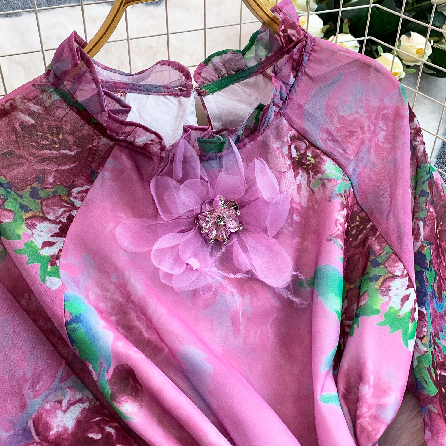 Women's Floral Ruffle Hem Maxi Dress with Puff Sleeves Elegant Romantic Design Flowy Chiffon One Size Fits Most_ecoleips.com