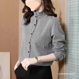 新款黑白格子衬衫边立领开衫洋气衬衣宽松女时尚长袖上衣百搭