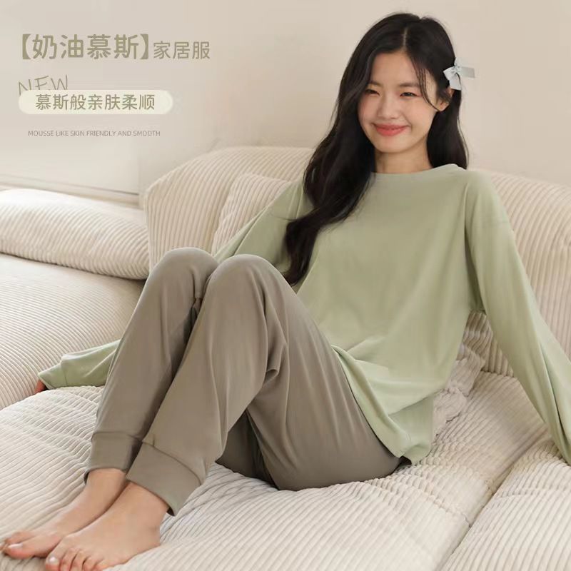 가을 겨울 여성용 잠옷 기모 무스 라운드 넥 풀오버 대비 색상 홈웨어 한국 스타일 따뜻한 긴팔 바지 정장