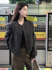 美式复古灰色短款棒球服外套女秋款设计感小众宽松休闲夹克上衣