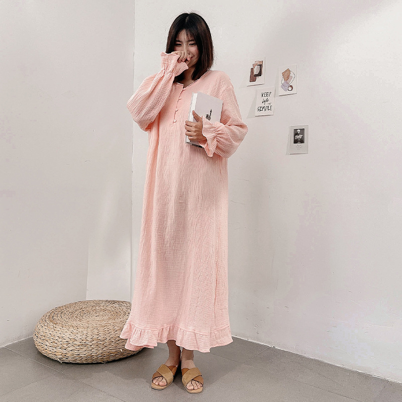 Coreano ins algodón de doble capa de gasa Camisón con volantes diseño largo vestido pijamas homewear de las mujeres
