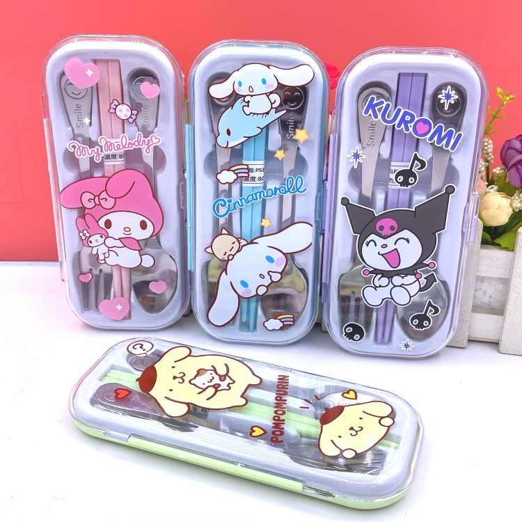 Cute portátil Kulomi Yue Gui perros niños estudiantes palillos de acero inoxidable tenedor palillos set cubiertos set box